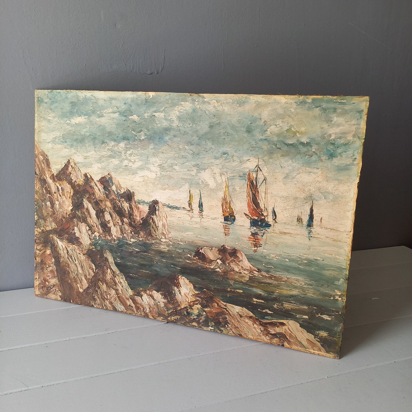 Sailing boats oil painting on hardboard, coastal home wall decor, original french nautical painting art