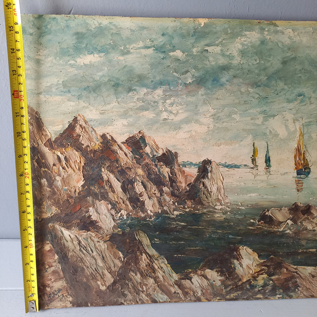 A beautiful piece of original French art depicting sailing boats on a rocky coastline. The painting is wonderfully done in a 'painterly' fashion with thick, vibrant oil paint strokes on hardboard. It has been signed and dated by the artist.