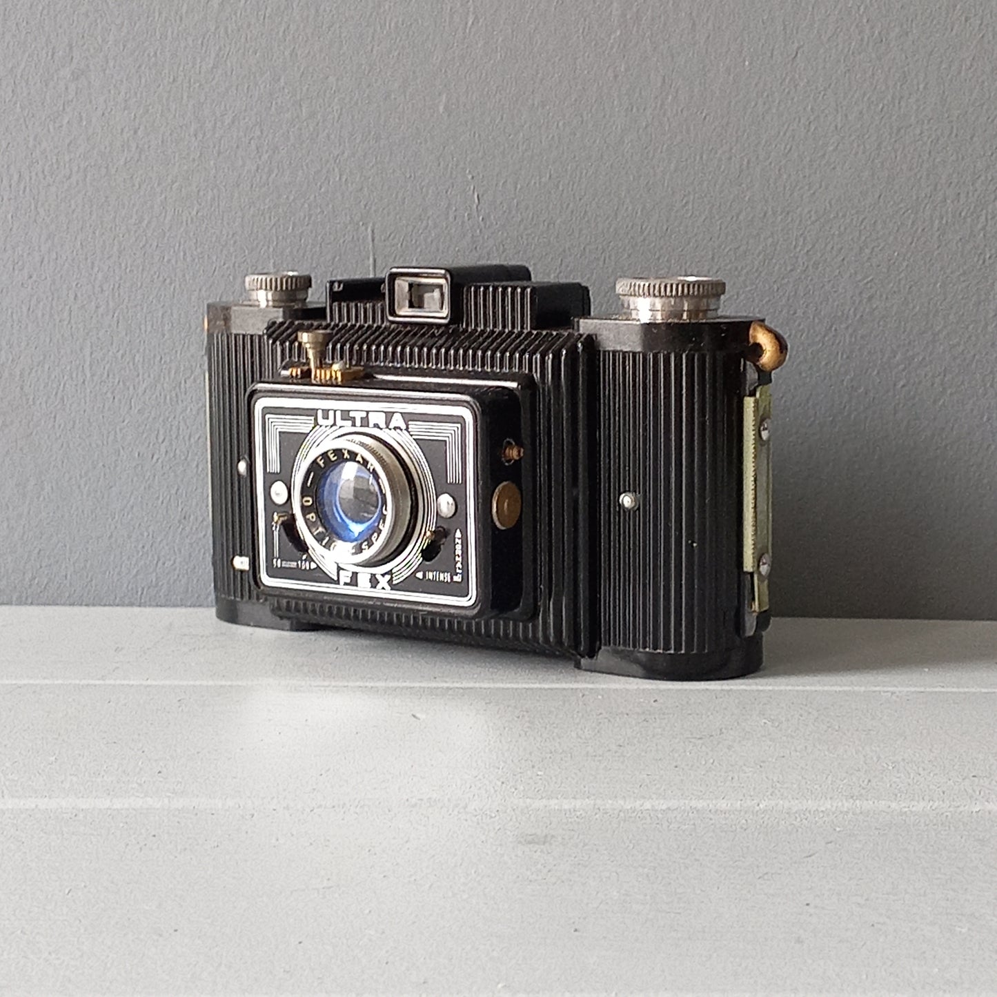 Mid-century camera with bakelite body and art deco styling from France, Ultra Fex vintage camera