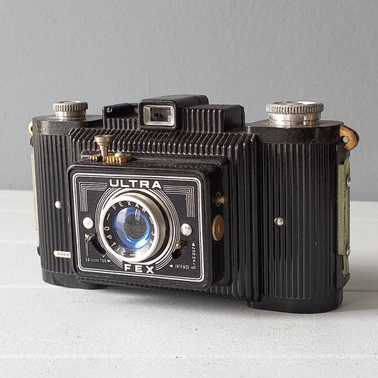 Mid-century camera with bakelite body and art deco styling from France, Ultra Fex vintage camera