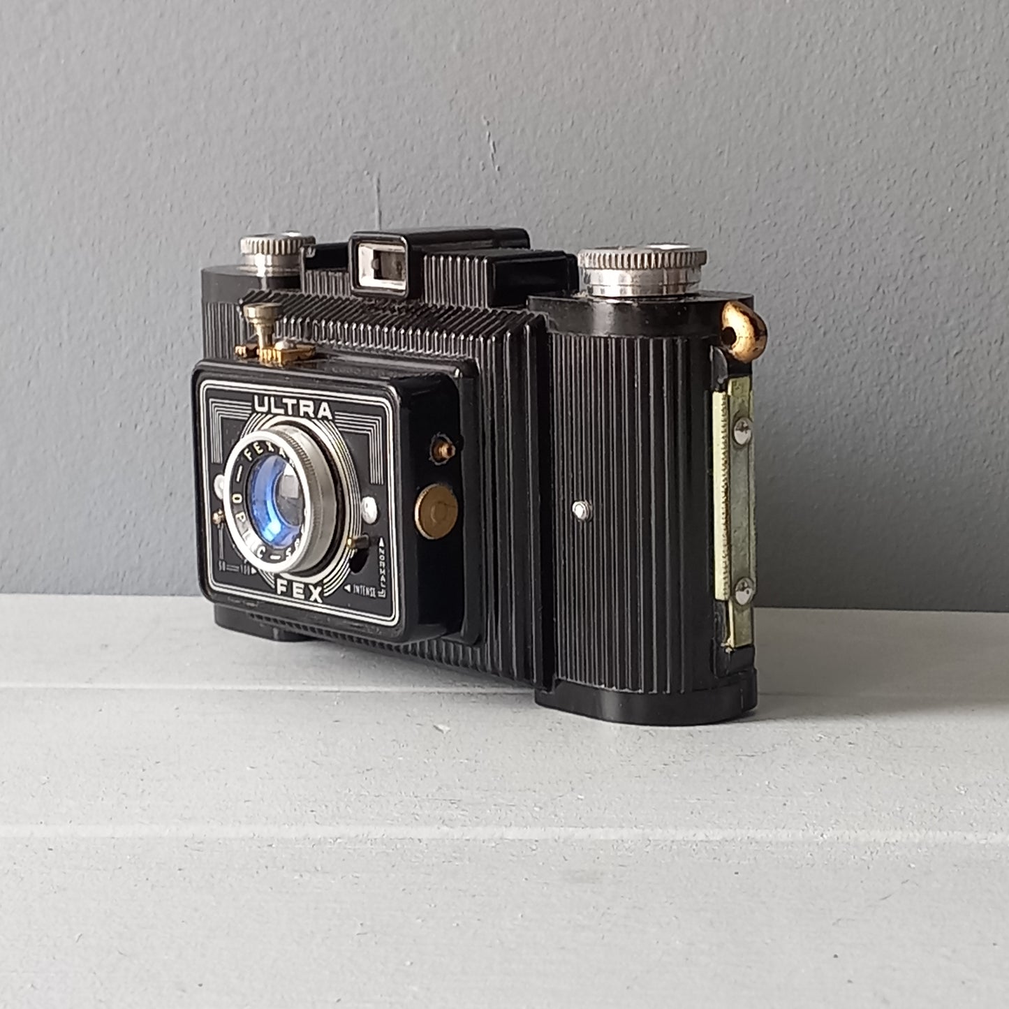 Mid-century camera with bakelite body and art deco styling from France, Ultra Fex vintage camera