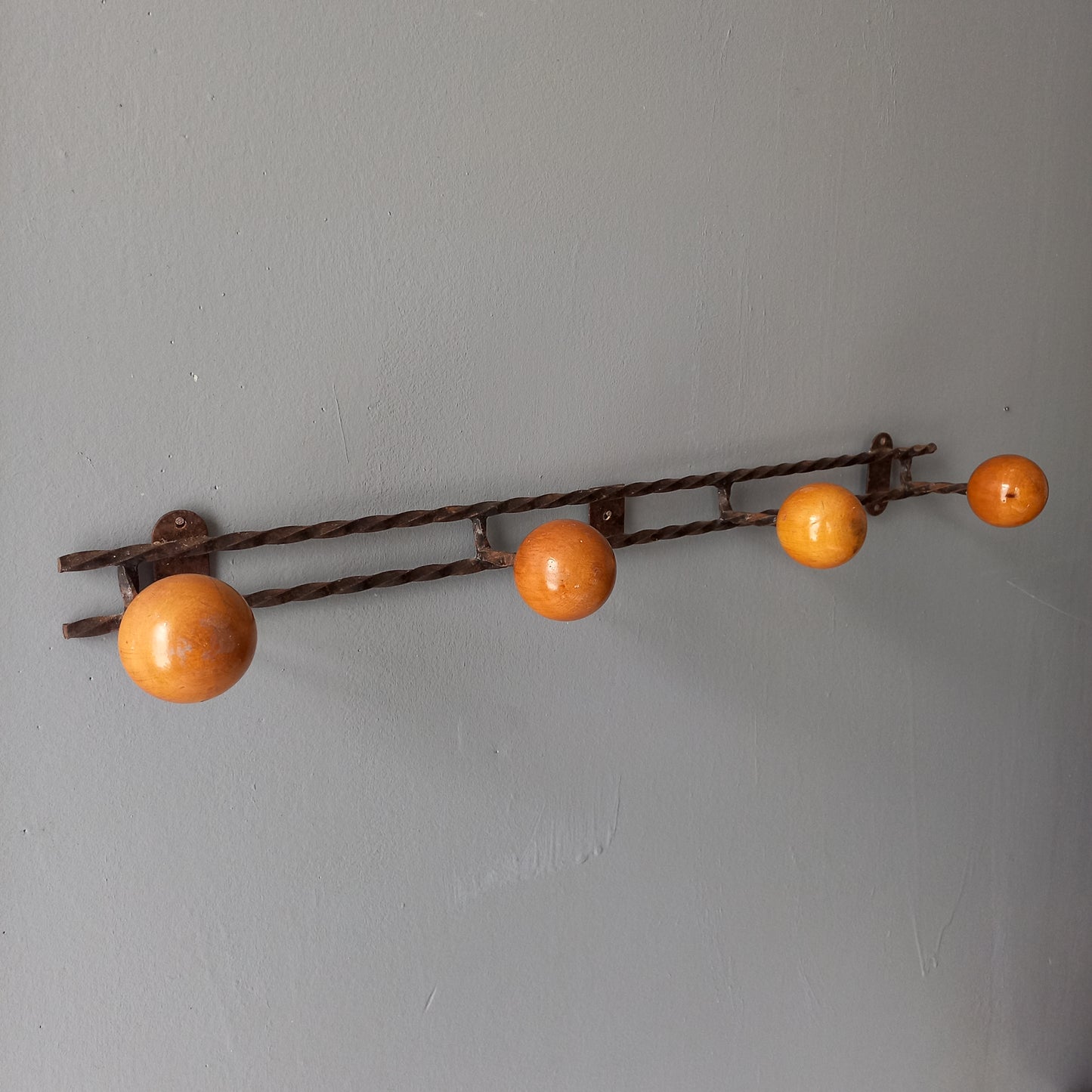 Vintage metal coat rack with four wooden pegs, french 4 peg coat rack, rustic country home wall decor