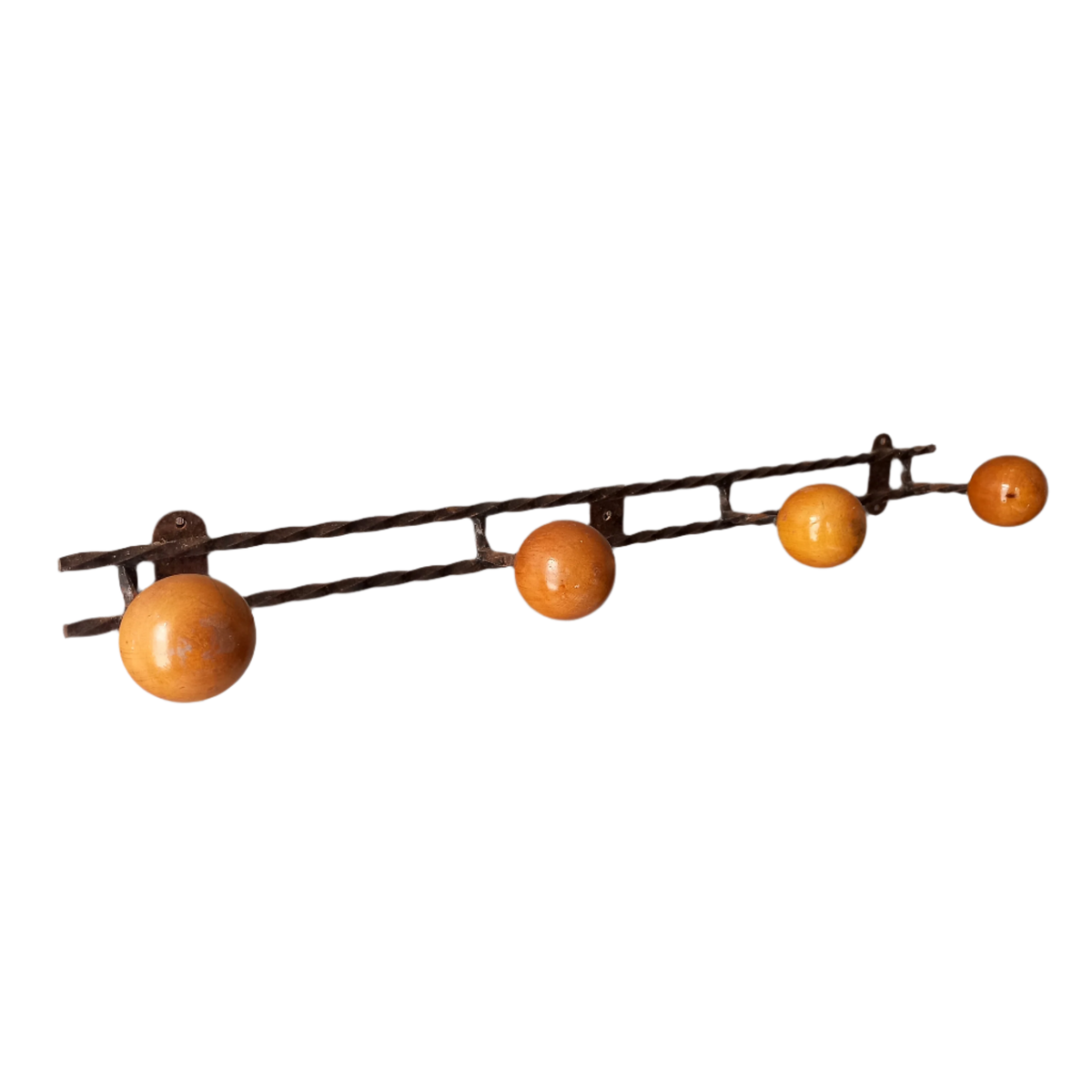 Vintage metal coat rack with four wooden pegs, french 4 peg coat rack, rustic country home wall decor