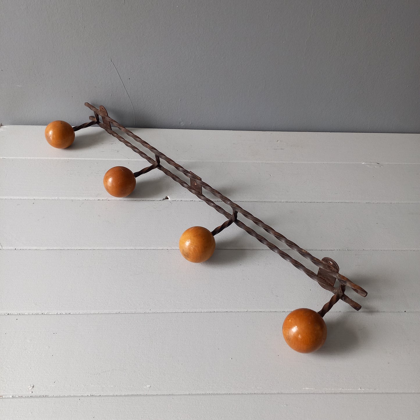 Vintage metal coat rack with four wooden pegs, french 4 peg coat rack, rustic country home wall decor