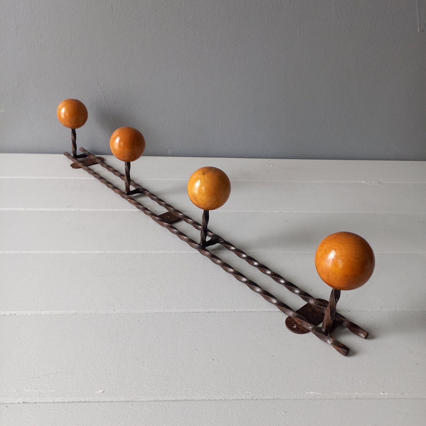 Vintage metal coat rack with four wooden pegs, french 4 peg coat rack, rustic country home wall decor