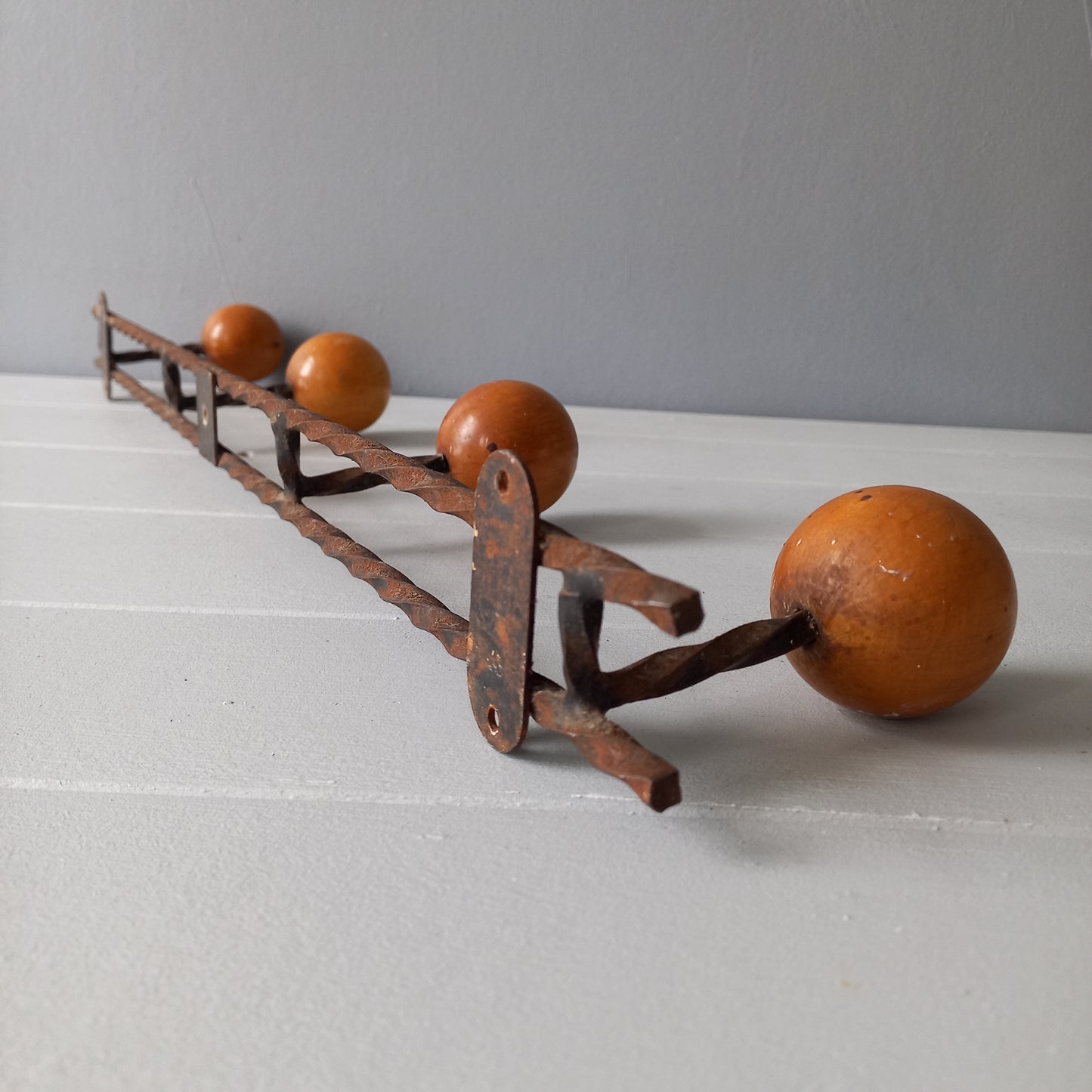 Vintage metal coat rack with four wooden pegs, french 4 peg coat rack, rustic country home wall decor