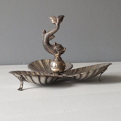 Art deco clam shell and dolphin dish, french vintage silver plated clam bonbon dish