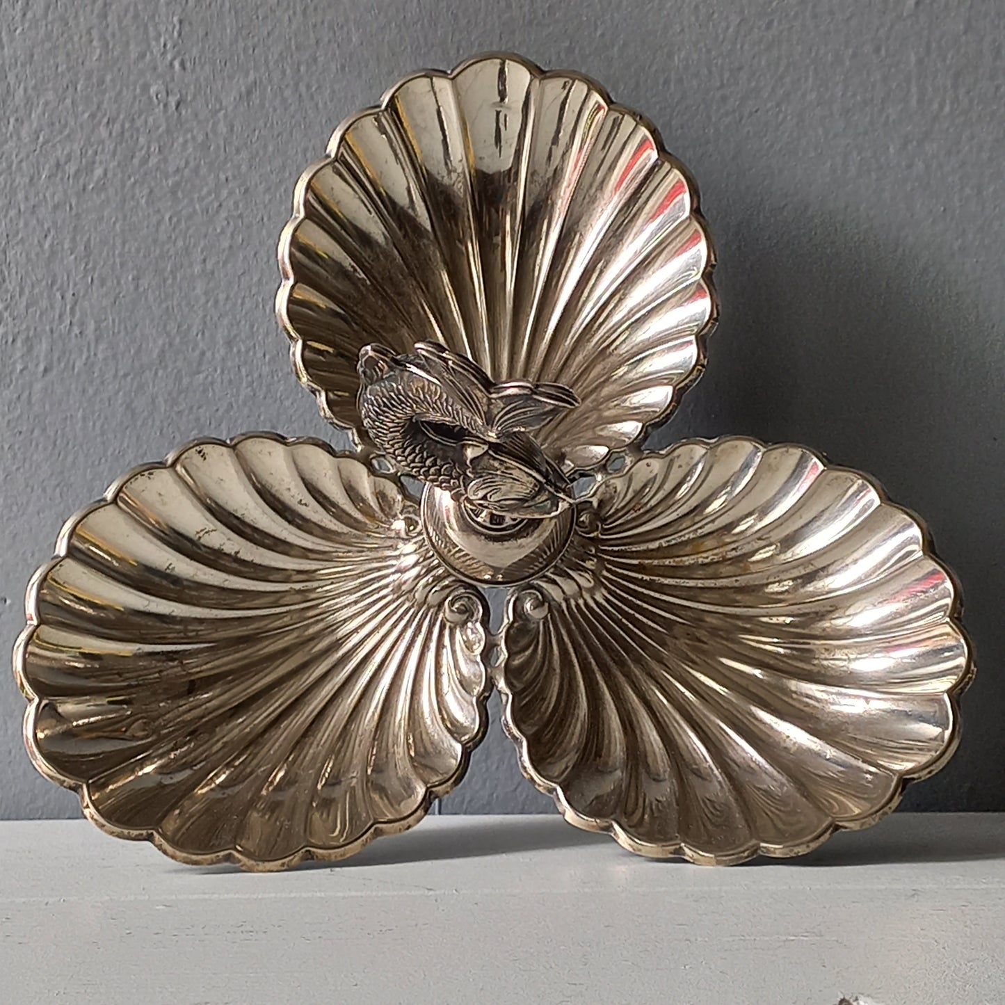 Art deco clam shell and dolphin dish, french vintage silver plated clam bonbon dish