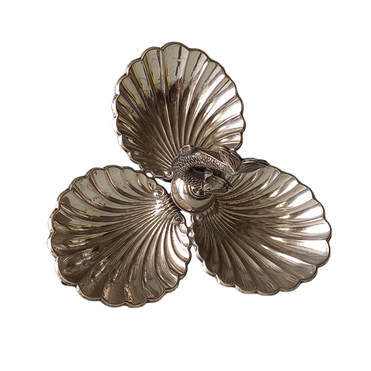 Art deco clam shell and dolphin dish, french vintage silver plated clam bonbon dish