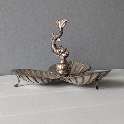 Art deco clam shell and dolphin dish, french vintage silver plated clam bonbon dish