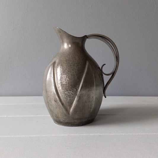 French vintage decorative pewter jug signed by artist, antique pewter art jug