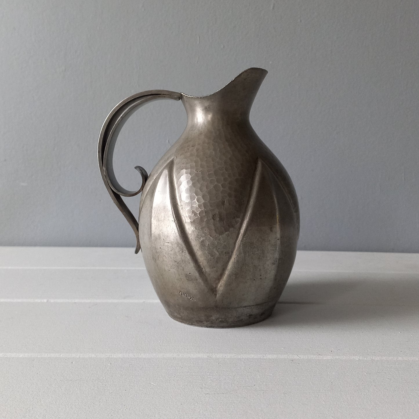 French vintage decorative pewter jug signed by artist, antique pewter art jug