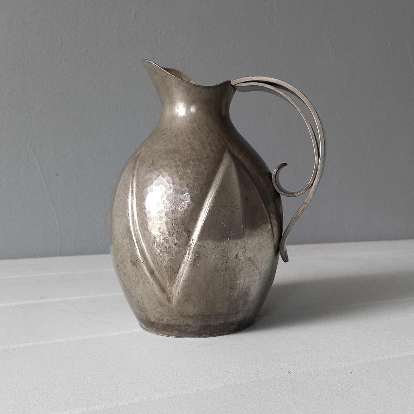 French vintage decorative pewter jug signed by artist, antique pewter art jug