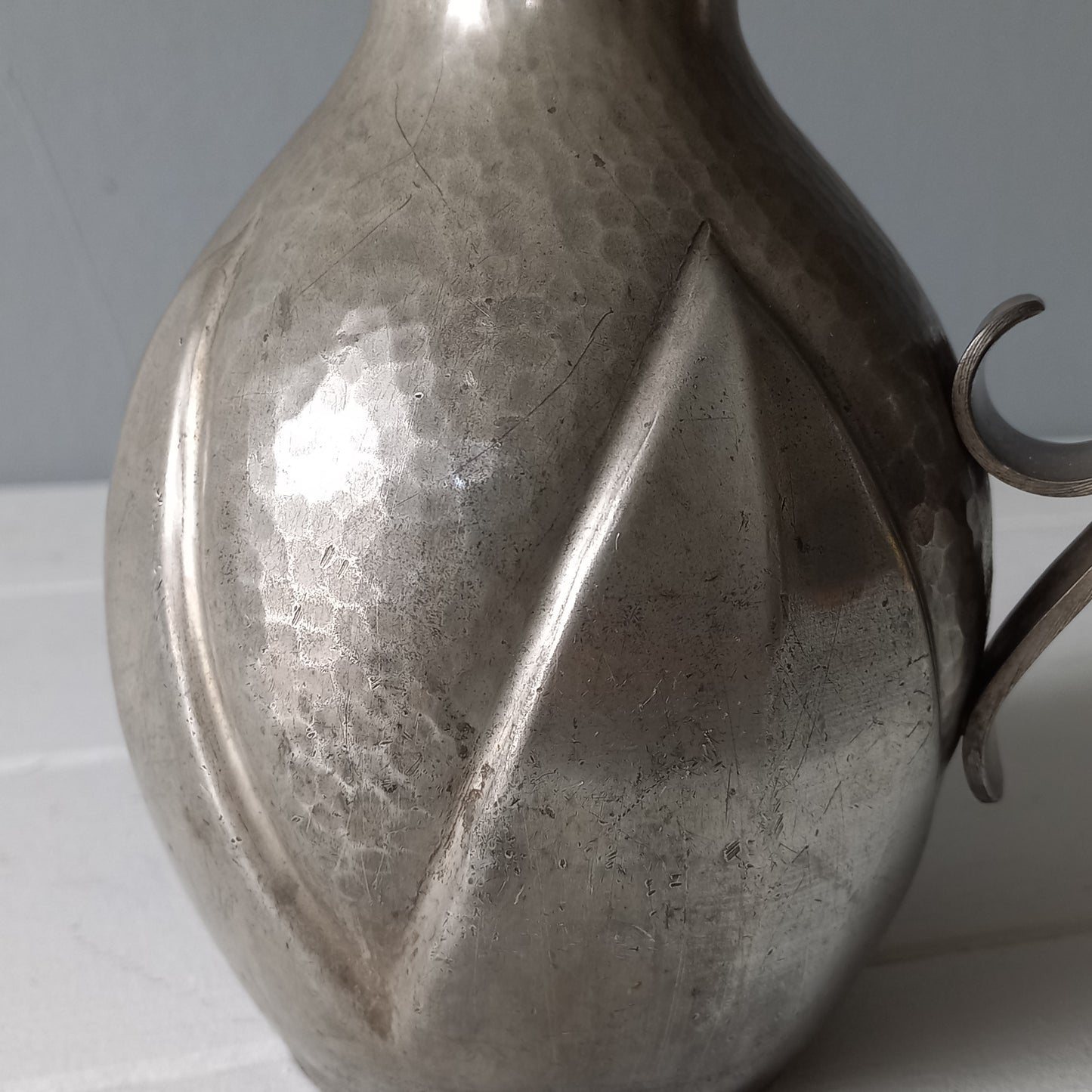 French vintage decorative pewter jug signed by artist, antique pewter art jug