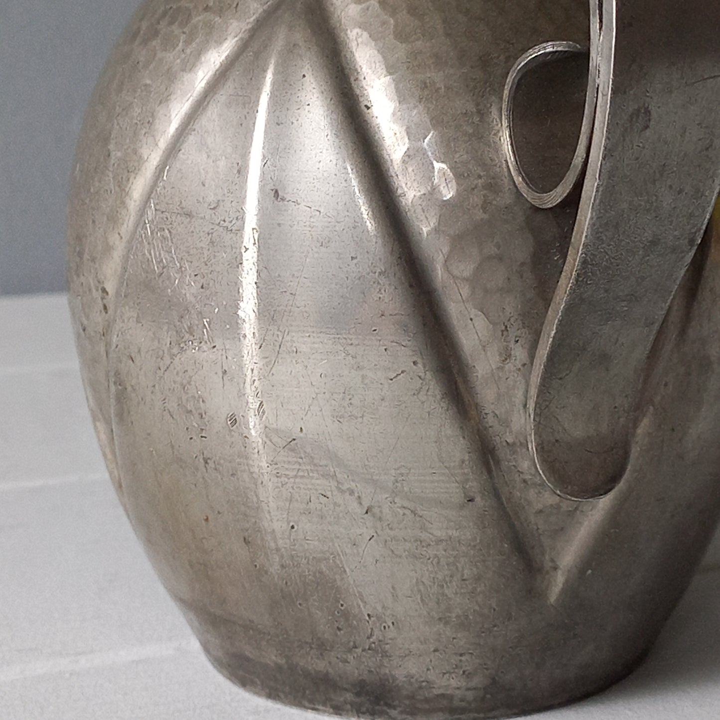 French vintage decorative pewter jug signed by artist, antique pewter art jug