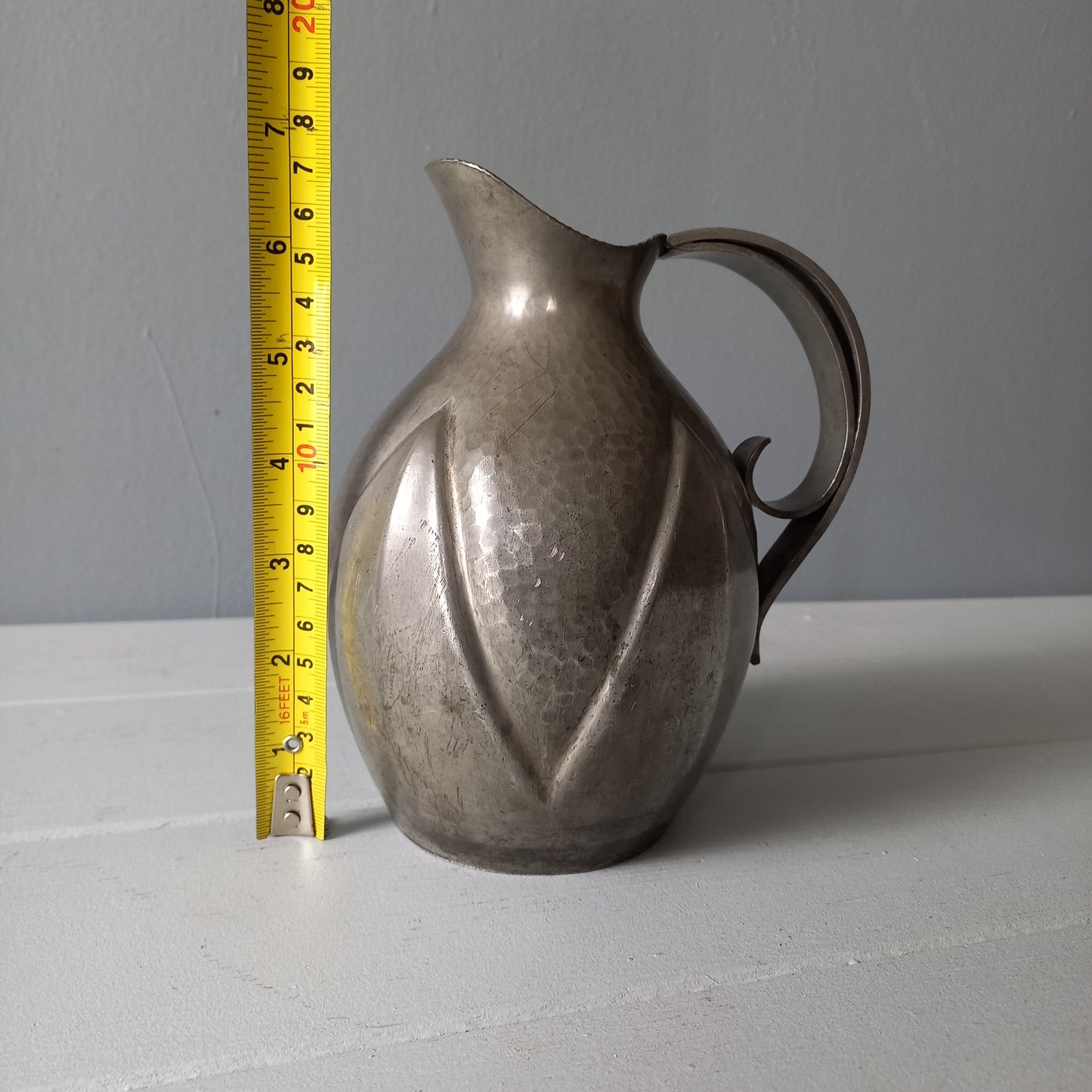 French vintage decorative pewter jug signed by artist, antique pewter art jug