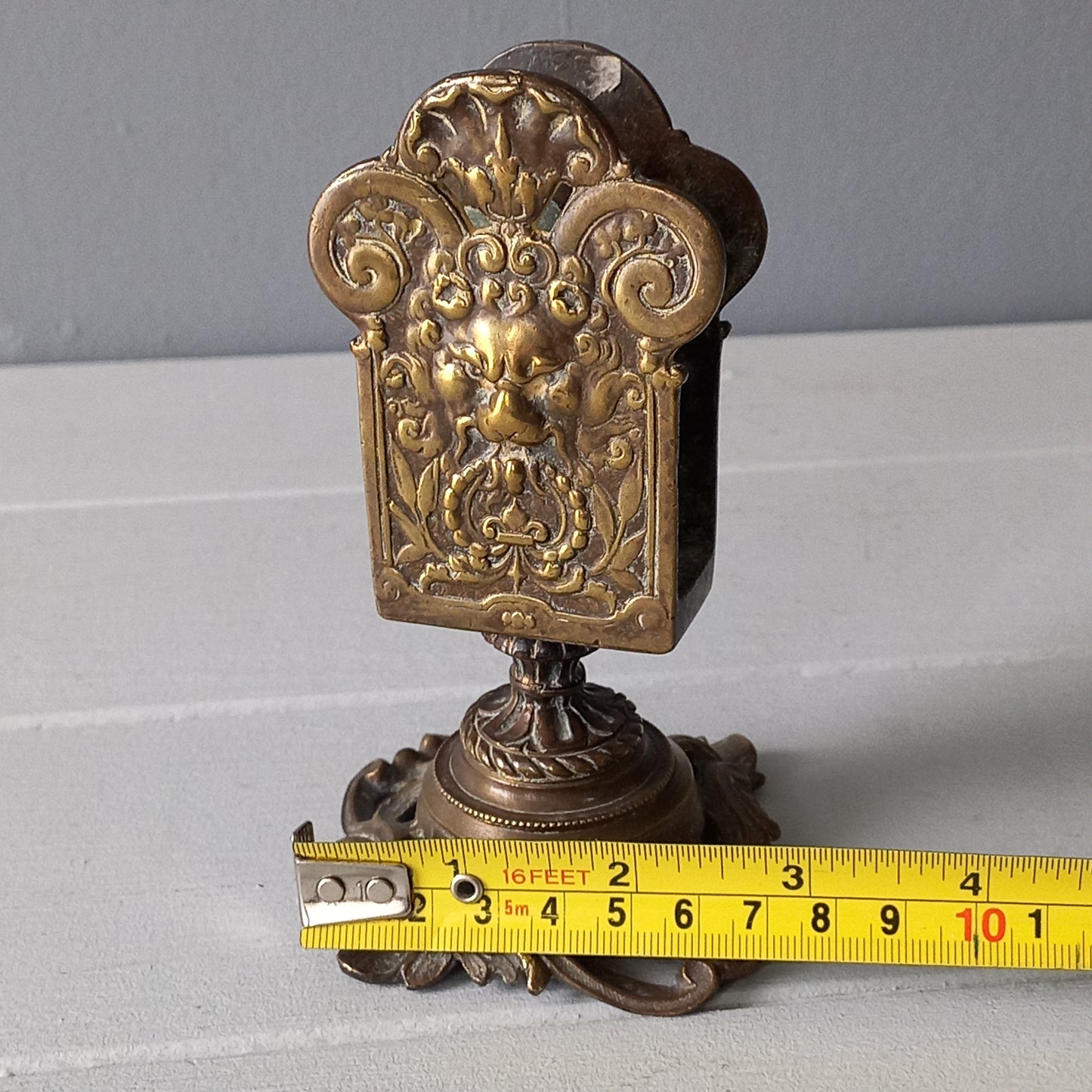 Brass antique matchbox holder, bronze desk decor