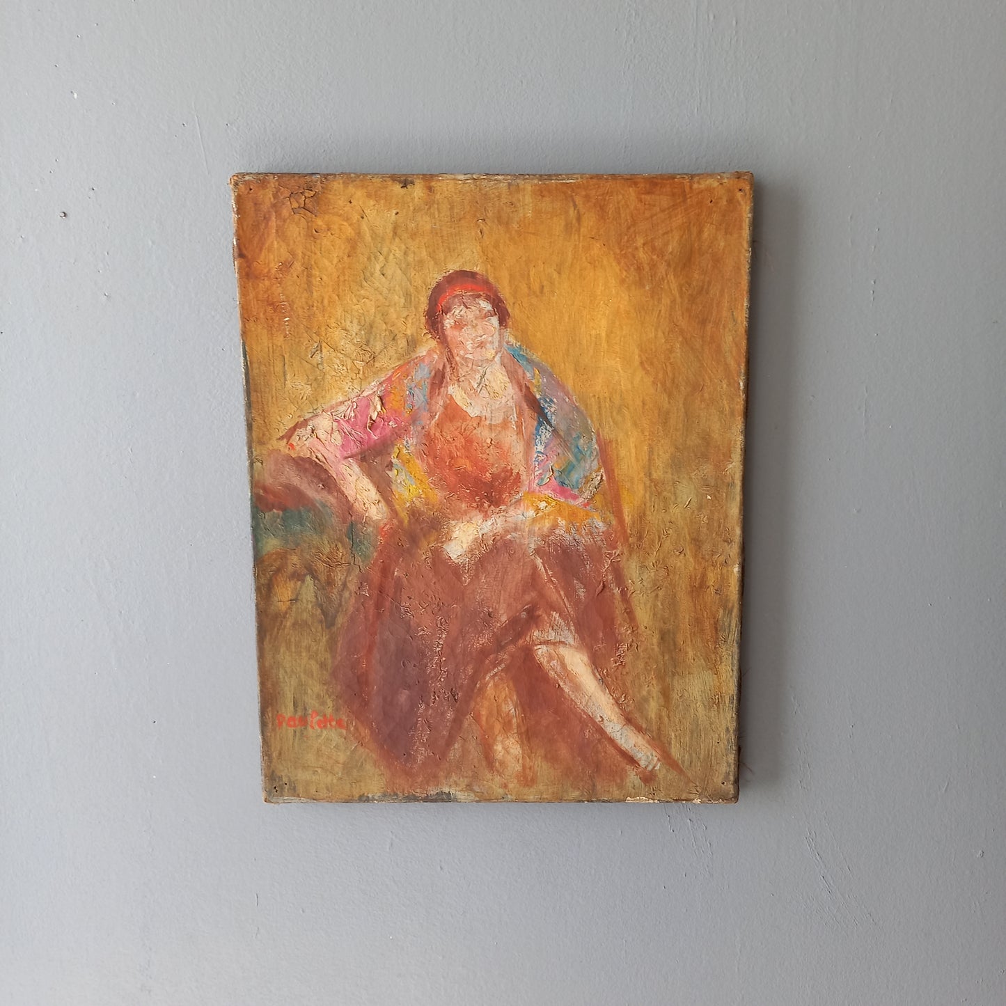 Étude de figure féminine vintage française, peinture à l'huile en robe des années 1920, décoration murale colorée art déco