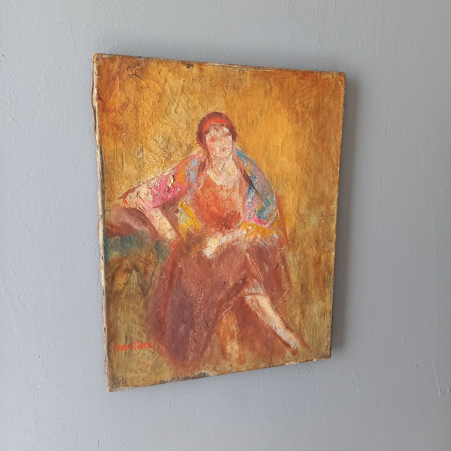 Étude de figure féminine vintage française, peinture à l'huile en robe des années 1920, décoration murale colorée art déco