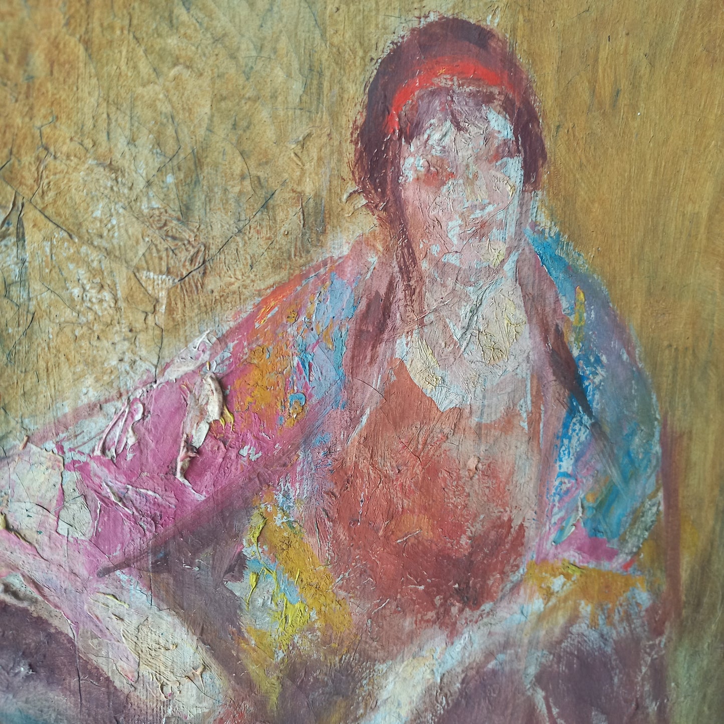 French vintage female figure study oil painting in 1920s dress, art deco colourful wall decor