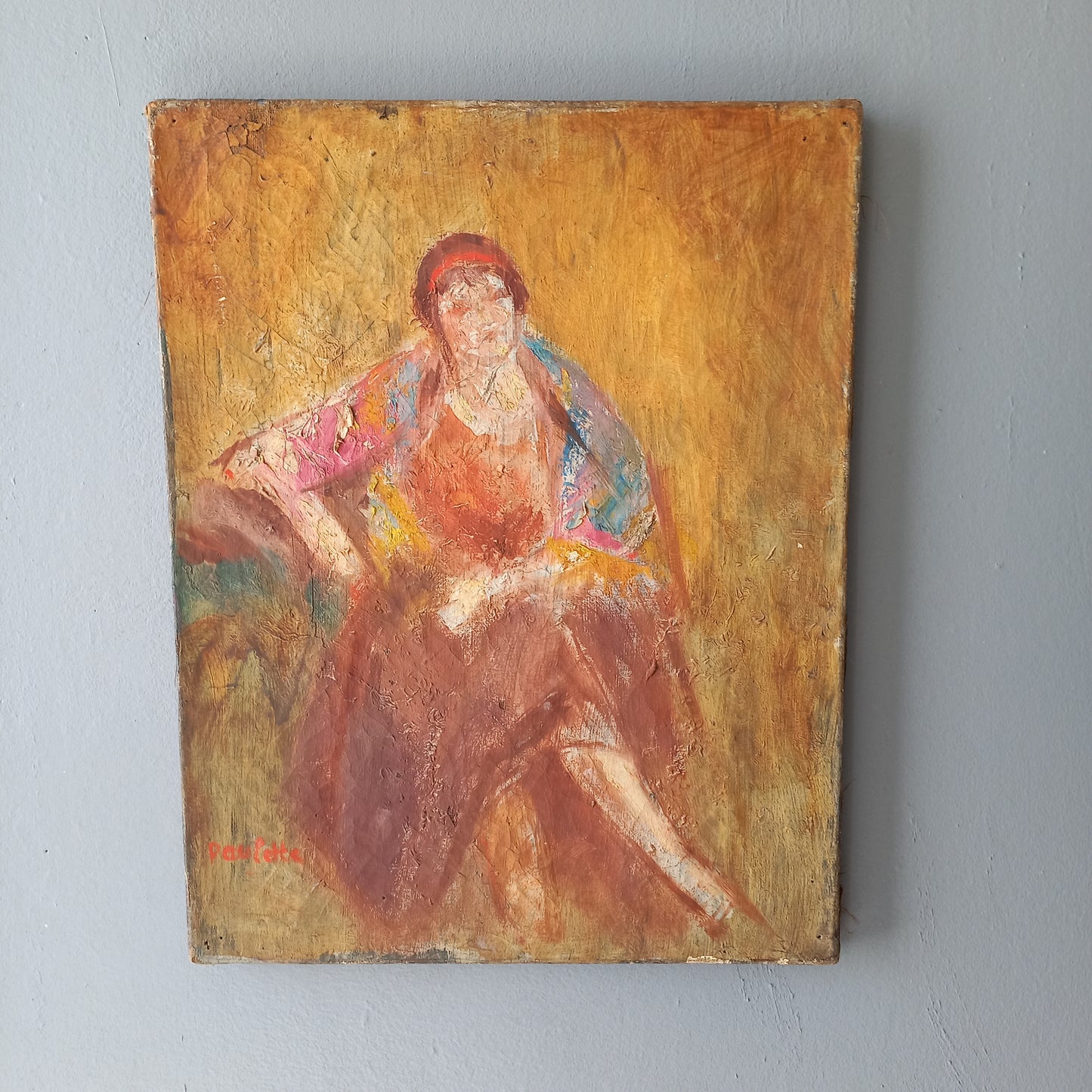 Étude de figure féminine vintage française, peinture à l'huile en robe des années 1920, décoration murale colorée art déco