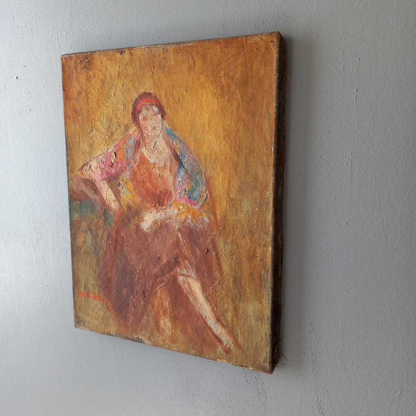 Étude de figure féminine vintage française, peinture à l'huile en robe des années 1920, décoration murale colorée art déco