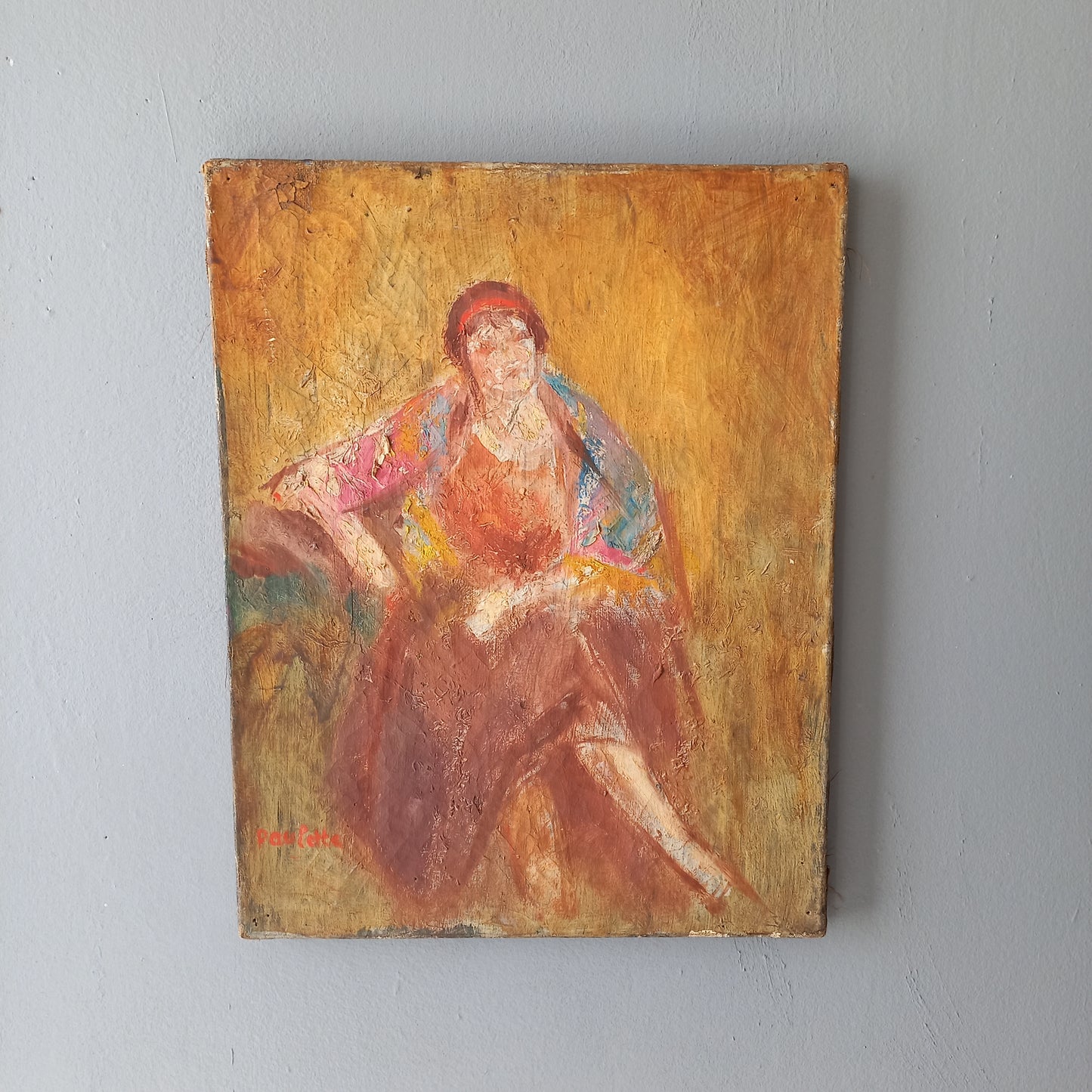 Étude de figure féminine vintage française, peinture à l'huile en robe des années 1920, décoration murale colorée art déco