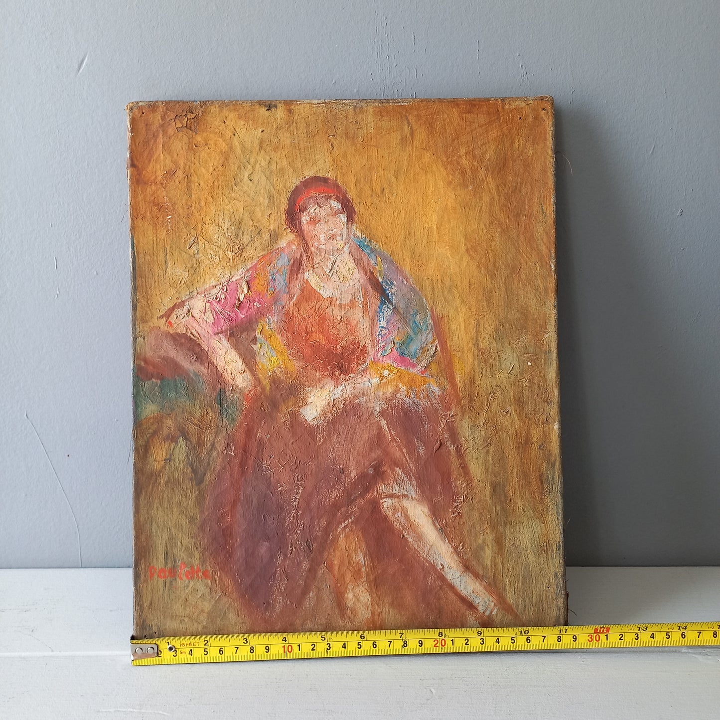 Étude de figure féminine vintage française, peinture à l'huile en robe des années 1920, décoration murale colorée art déco