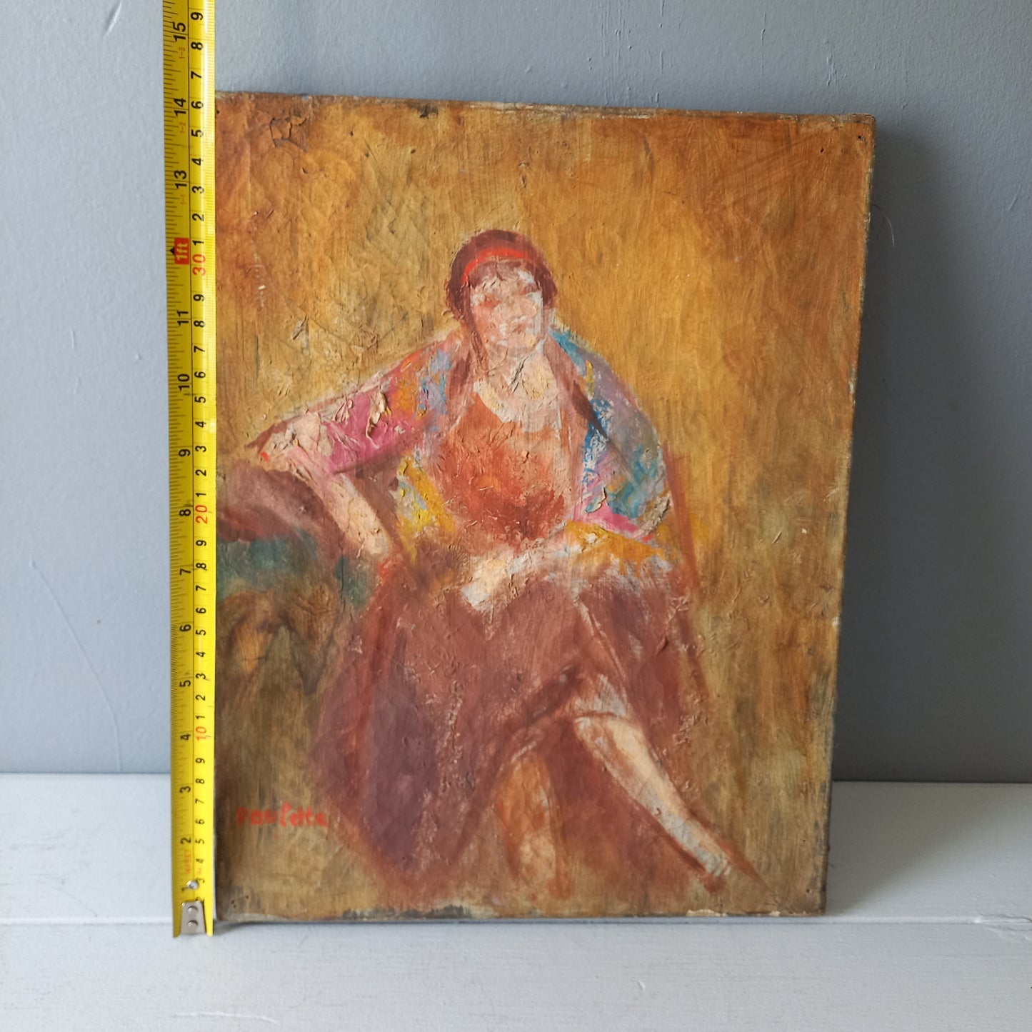 Étude de figure féminine vintage française, peinture à l'huile en robe des années 1920, décoration murale colorée art déco