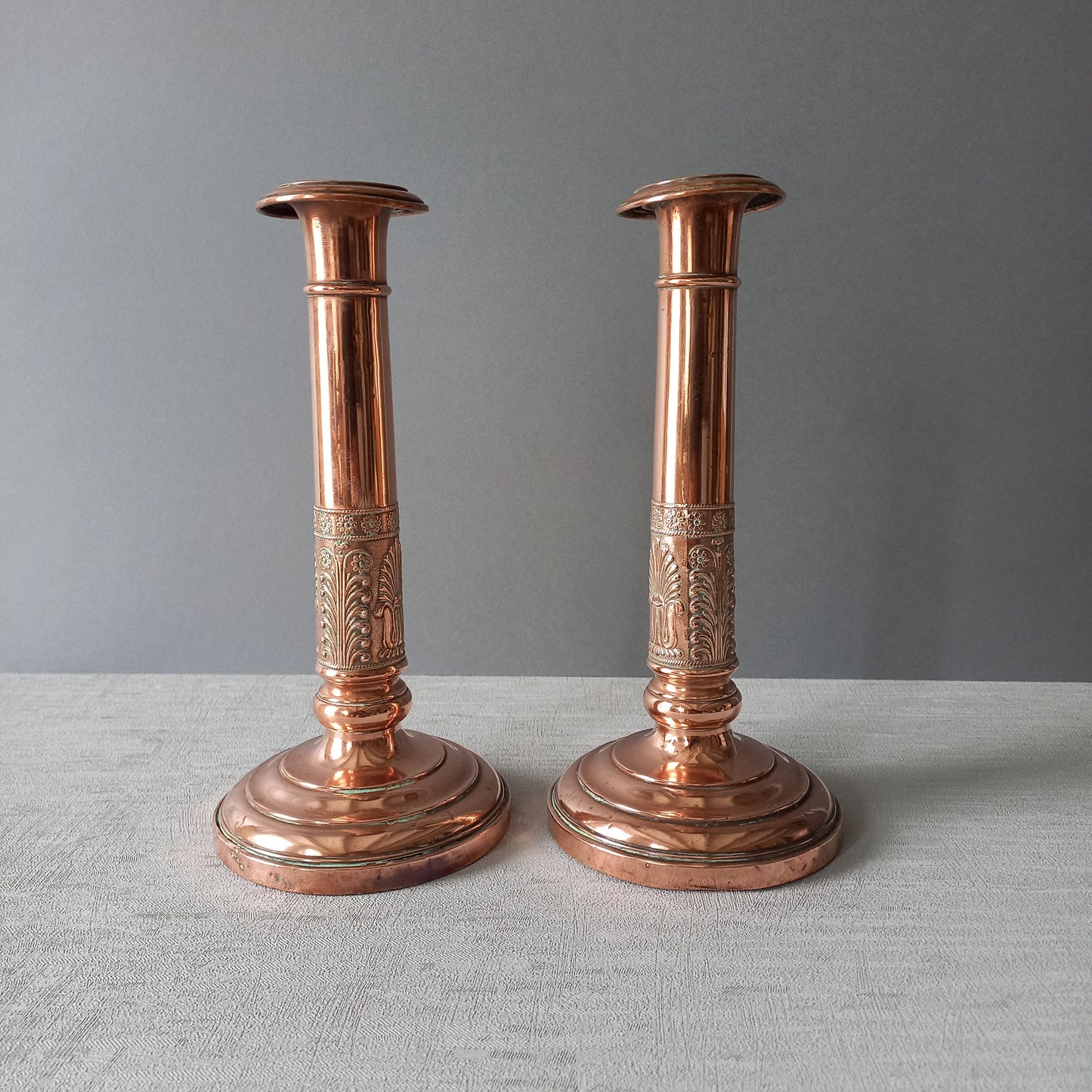 Antique copper candle holders, French art nouveau antique candle stick holders