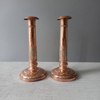 Antique copper candle holders, French art nouveau antique candle stick holders