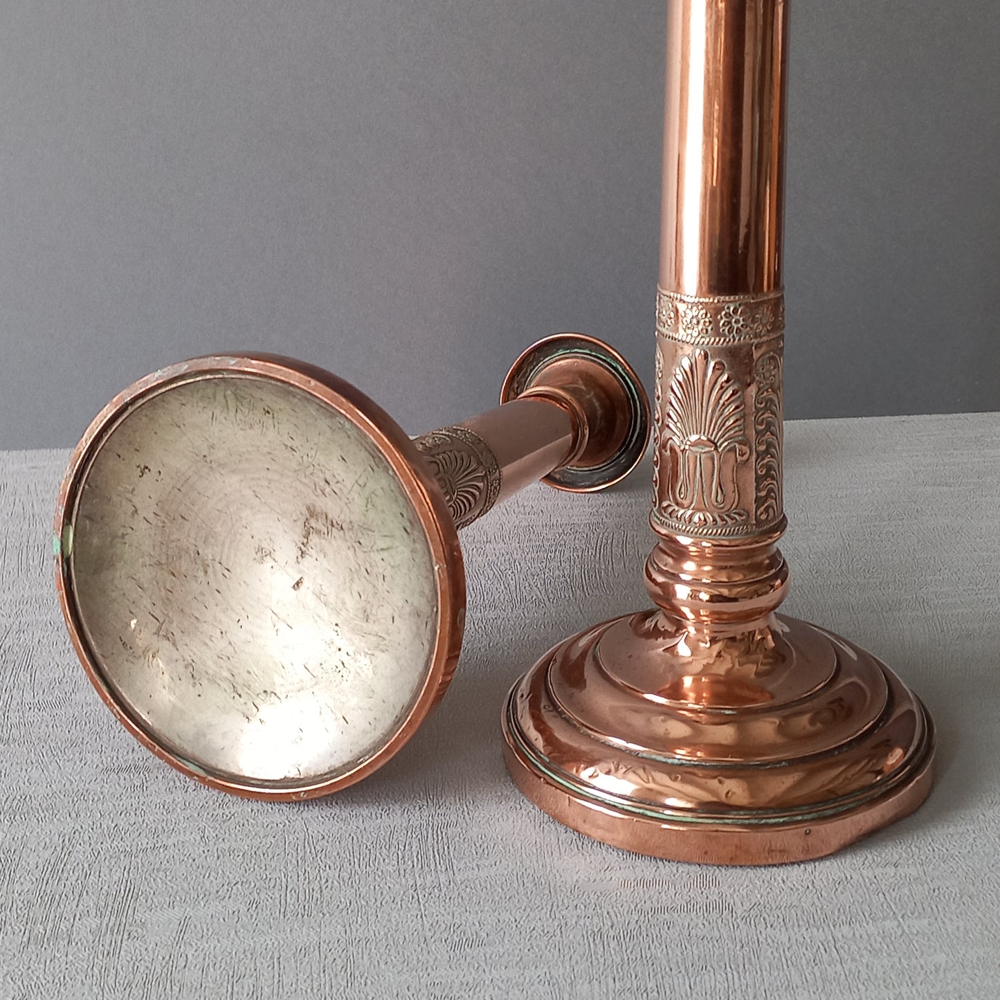 Antique copper candle holders, French art nouveau antique candle stick holders