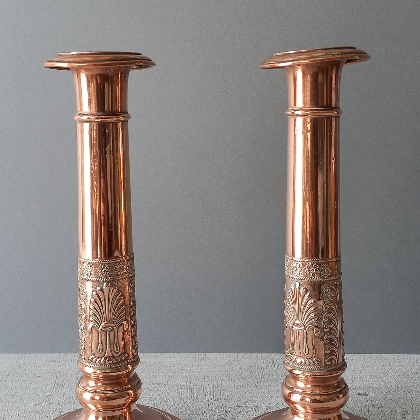 Antique copper candle holders, French art nouveau antique candle stick holders