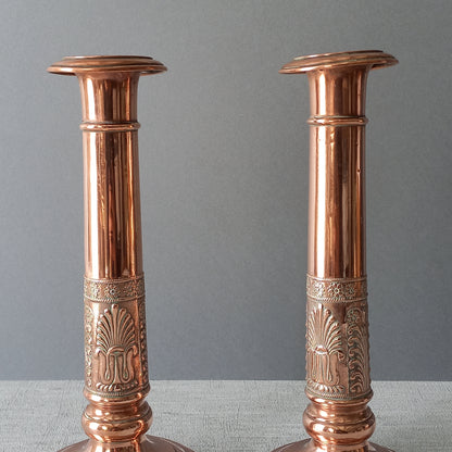 Antique copper candle holders, French art nouveau antique candle stick holders