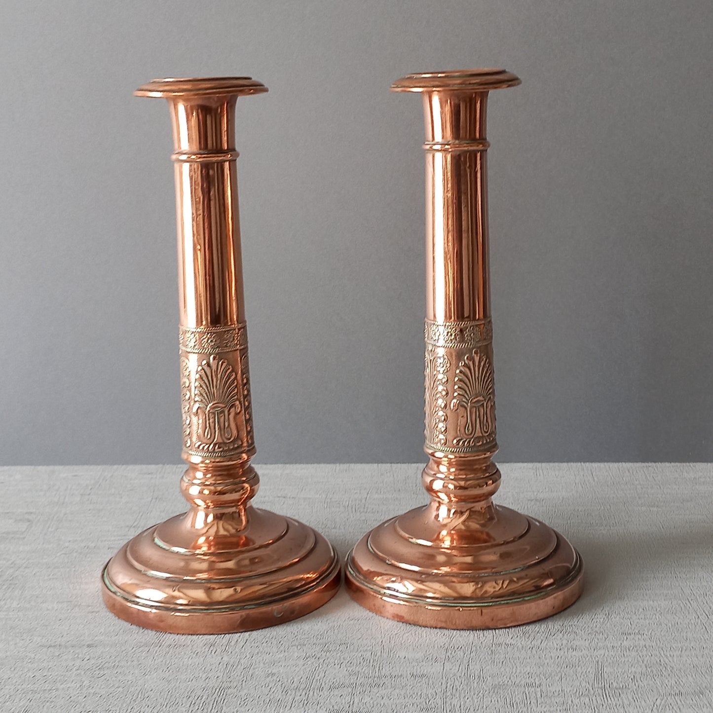 Antique copper candle holders, French art nouveau antique candle stick holders