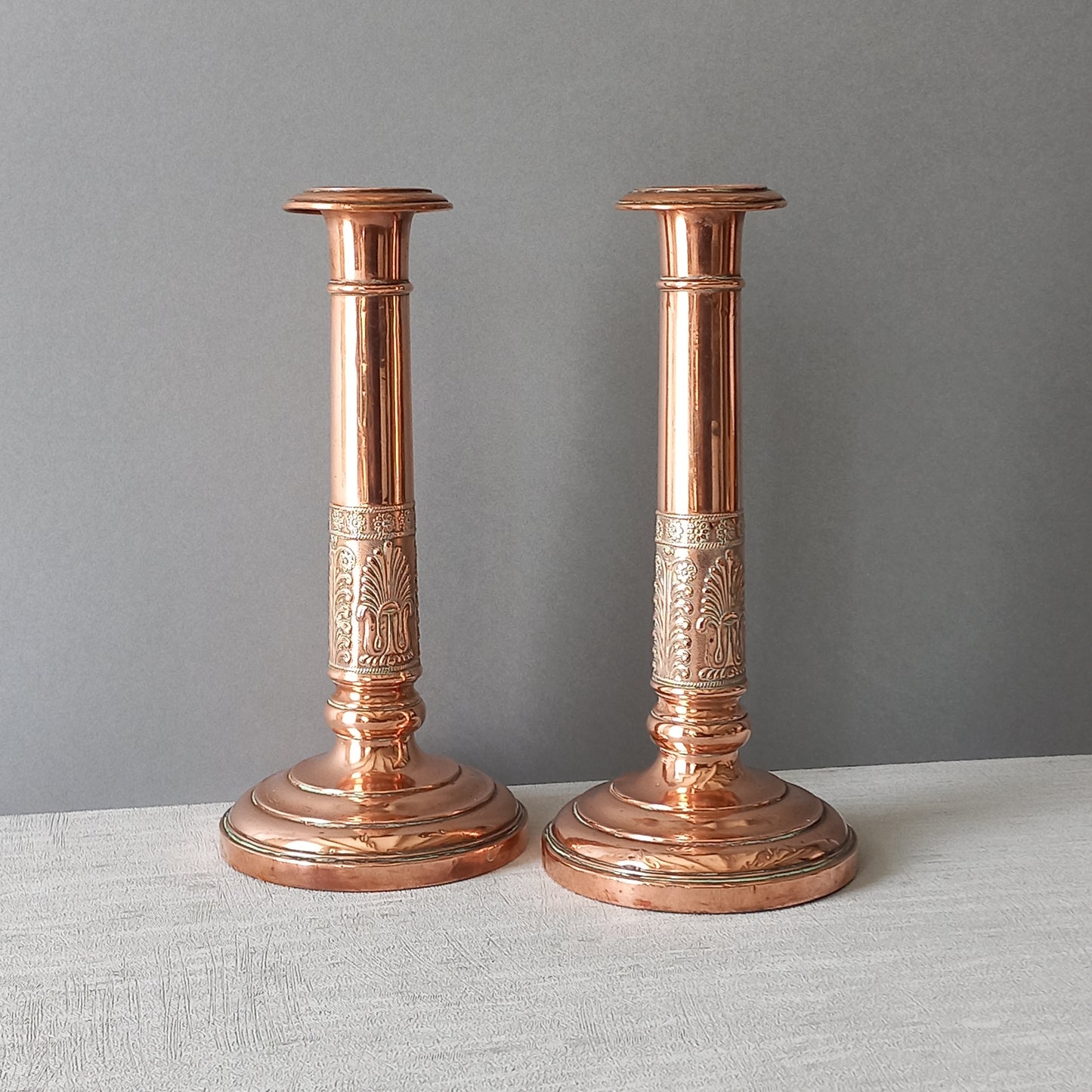 Antique copper candle holders, French art nouveau antique candle stick holders