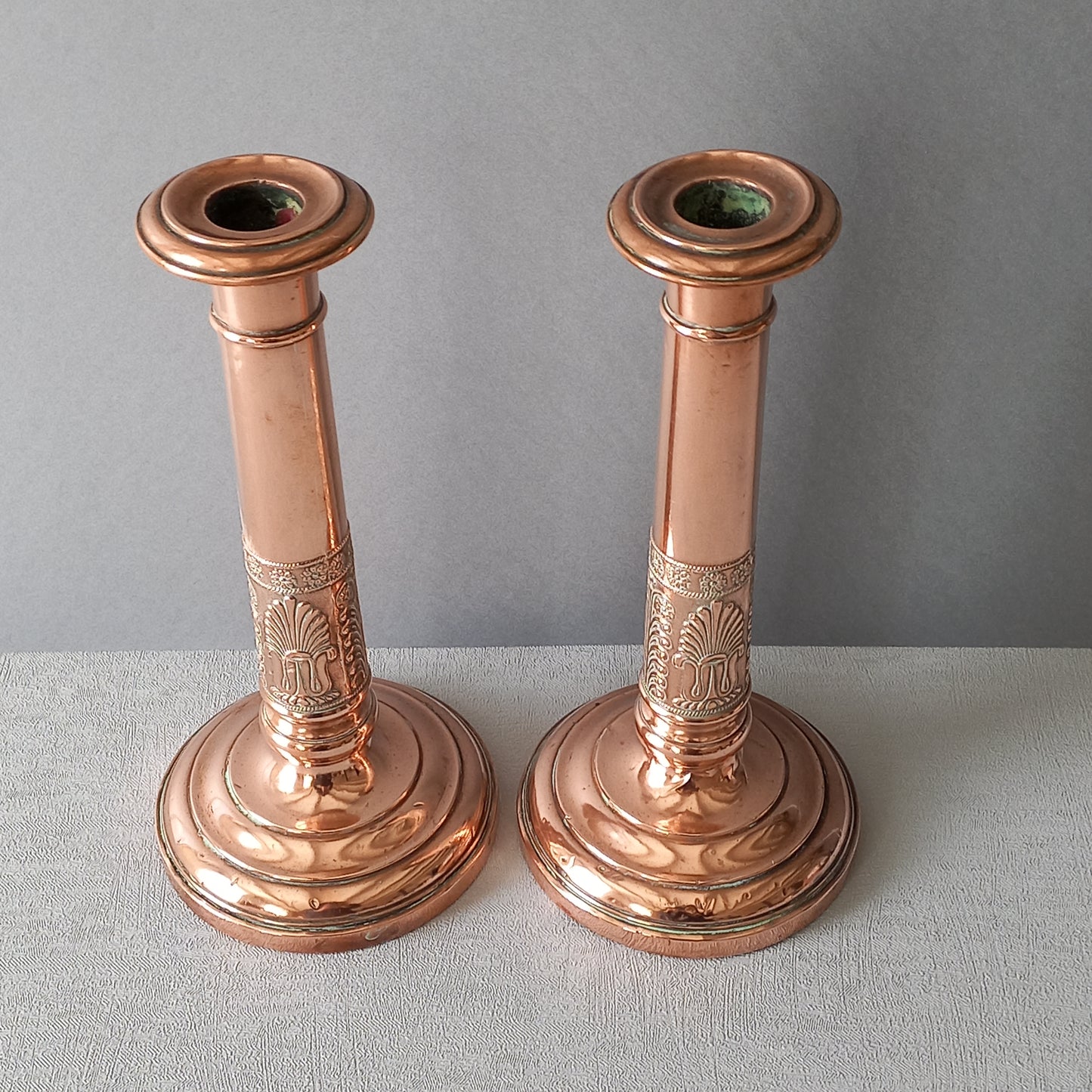 Antique copper candle holders, French art nouveau antique candle stick holders