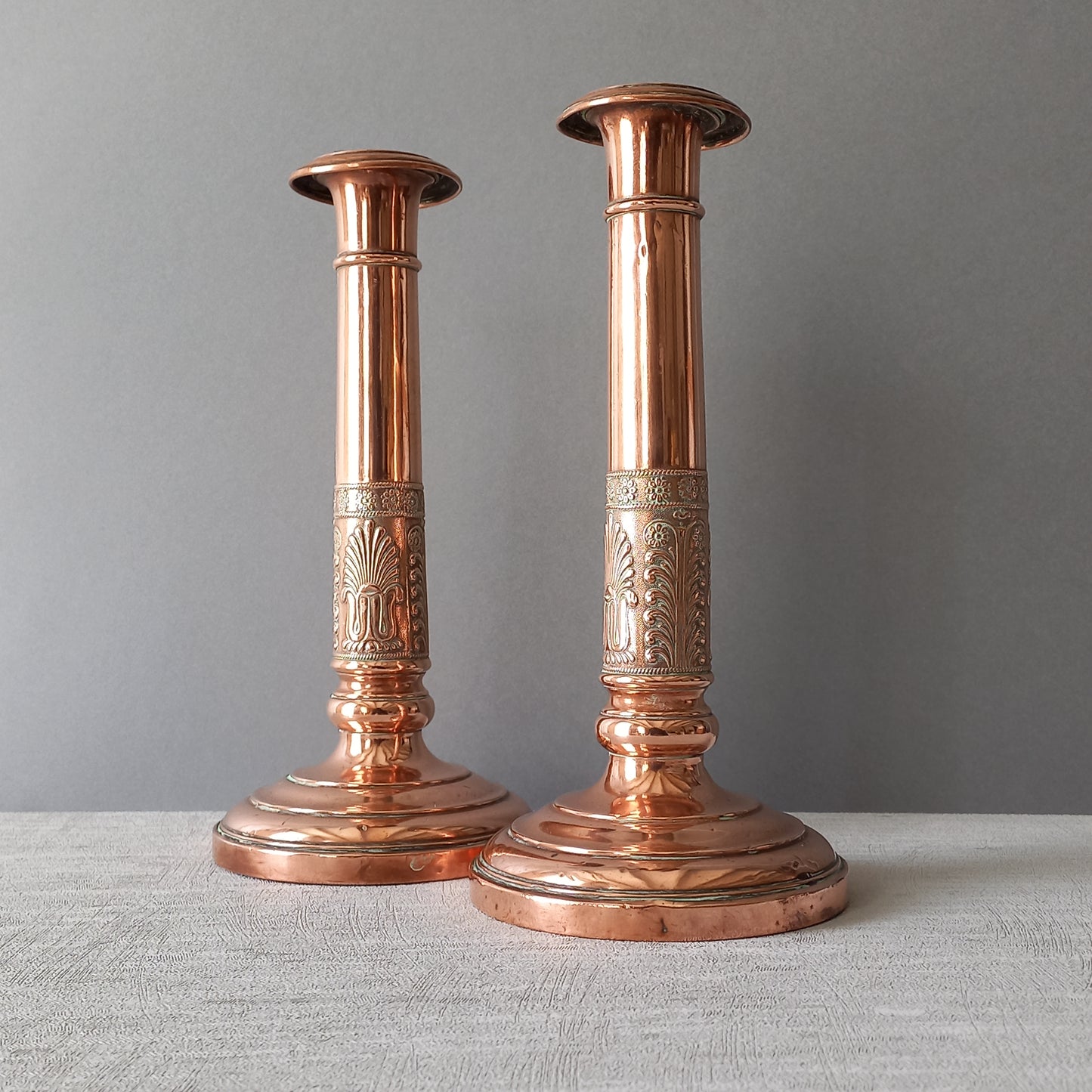 Antique copper candle holders, French art nouveau antique candle stick holders