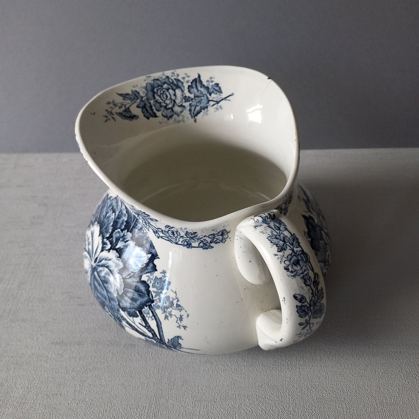 French antique squat ironstone pitcher or jug with blue transfer pattern