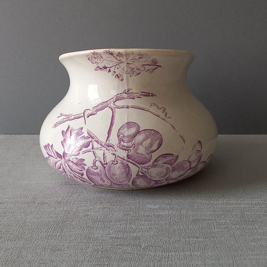 French antique ironstone jug pitcher with lavender color floral transfer pattern, wash jug, french country home decor