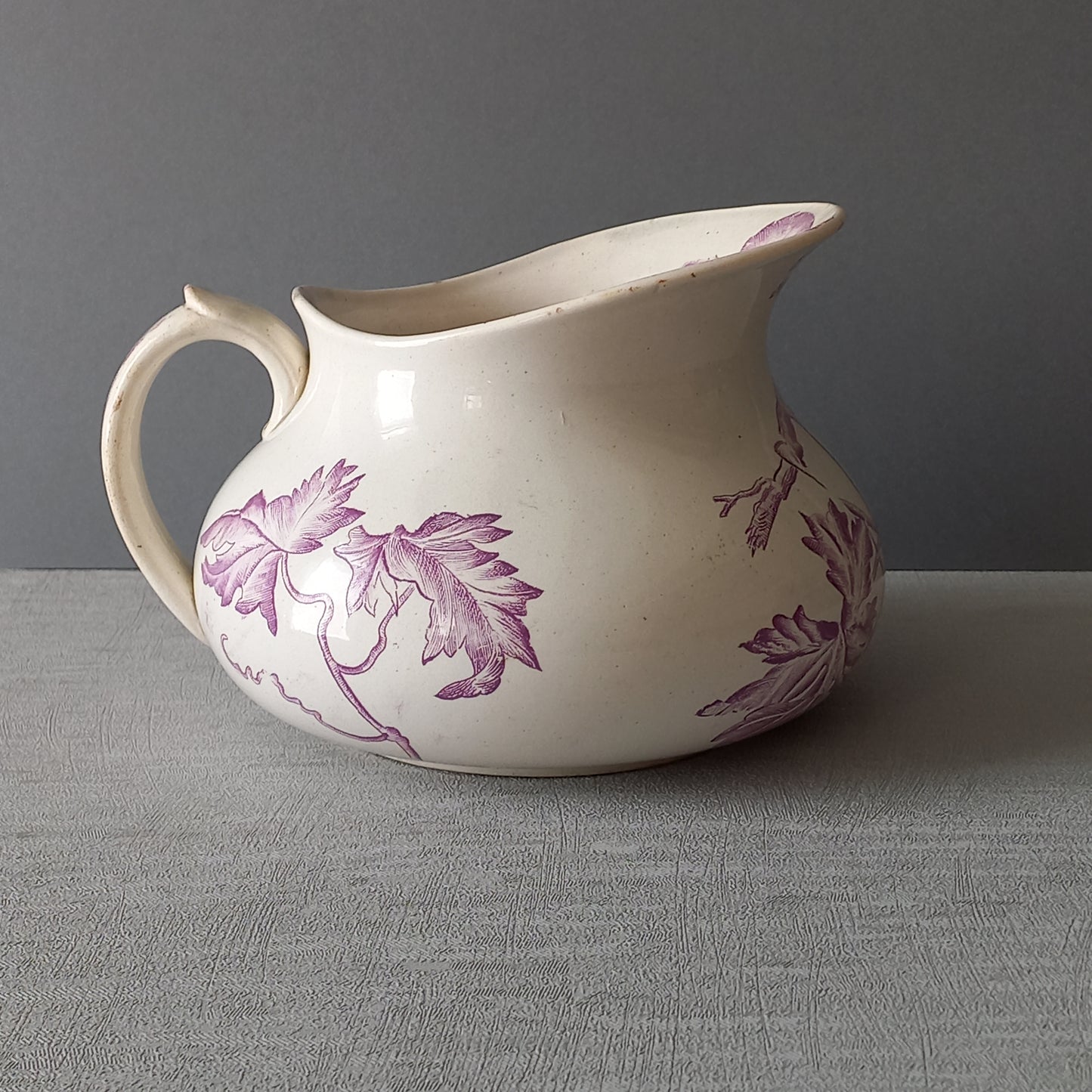 French antique ironstone jug pitcher with lavender color floral transfer pattern, wash jug, french country home decor