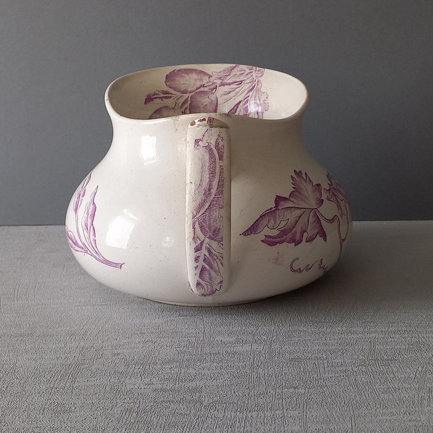 French antique ironstone jug pitcher with lavender color floral transfer pattern, wash jug, french country home decor