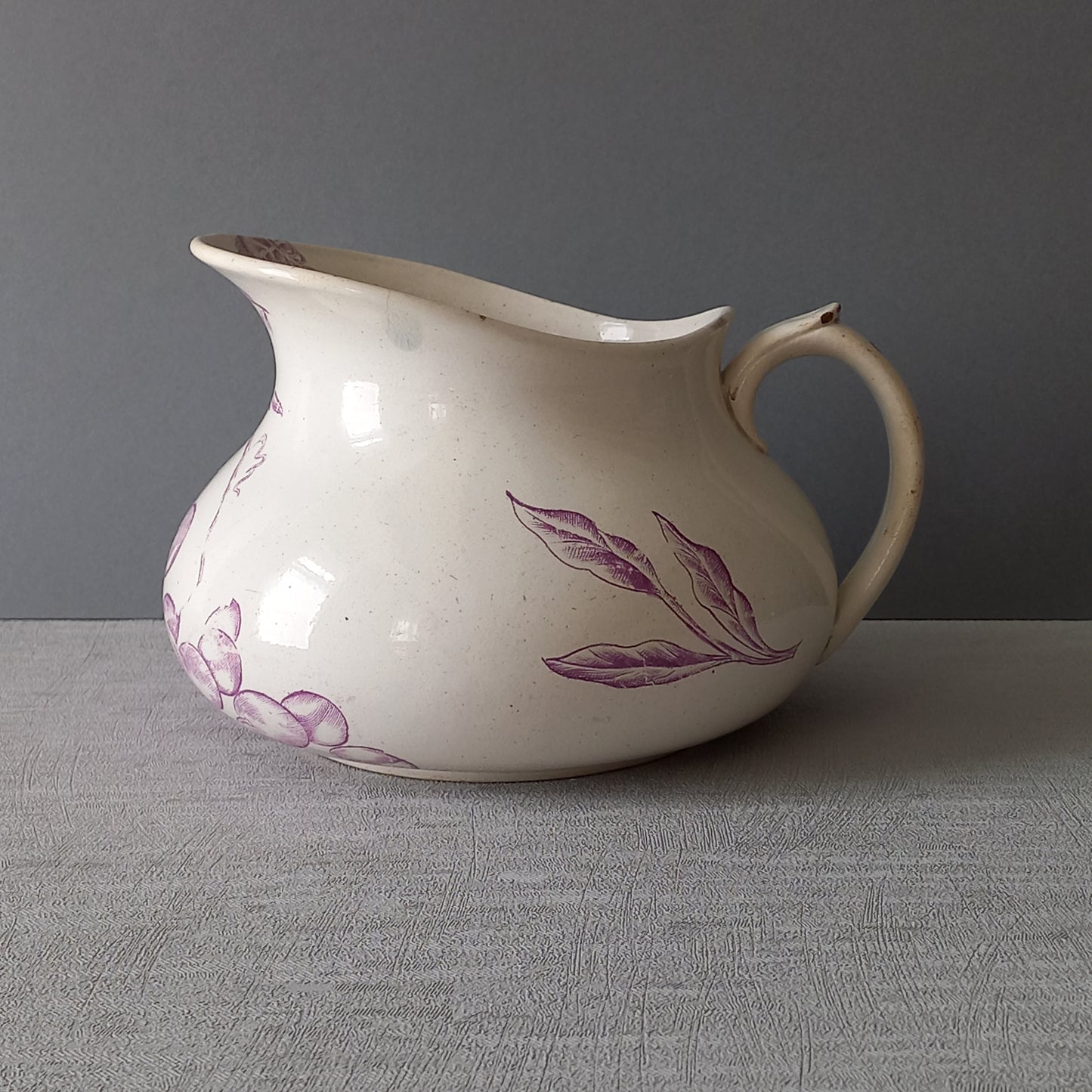 French antique ironstone jug pitcher with lavender color floral transfer pattern, wash jug, french country home decor