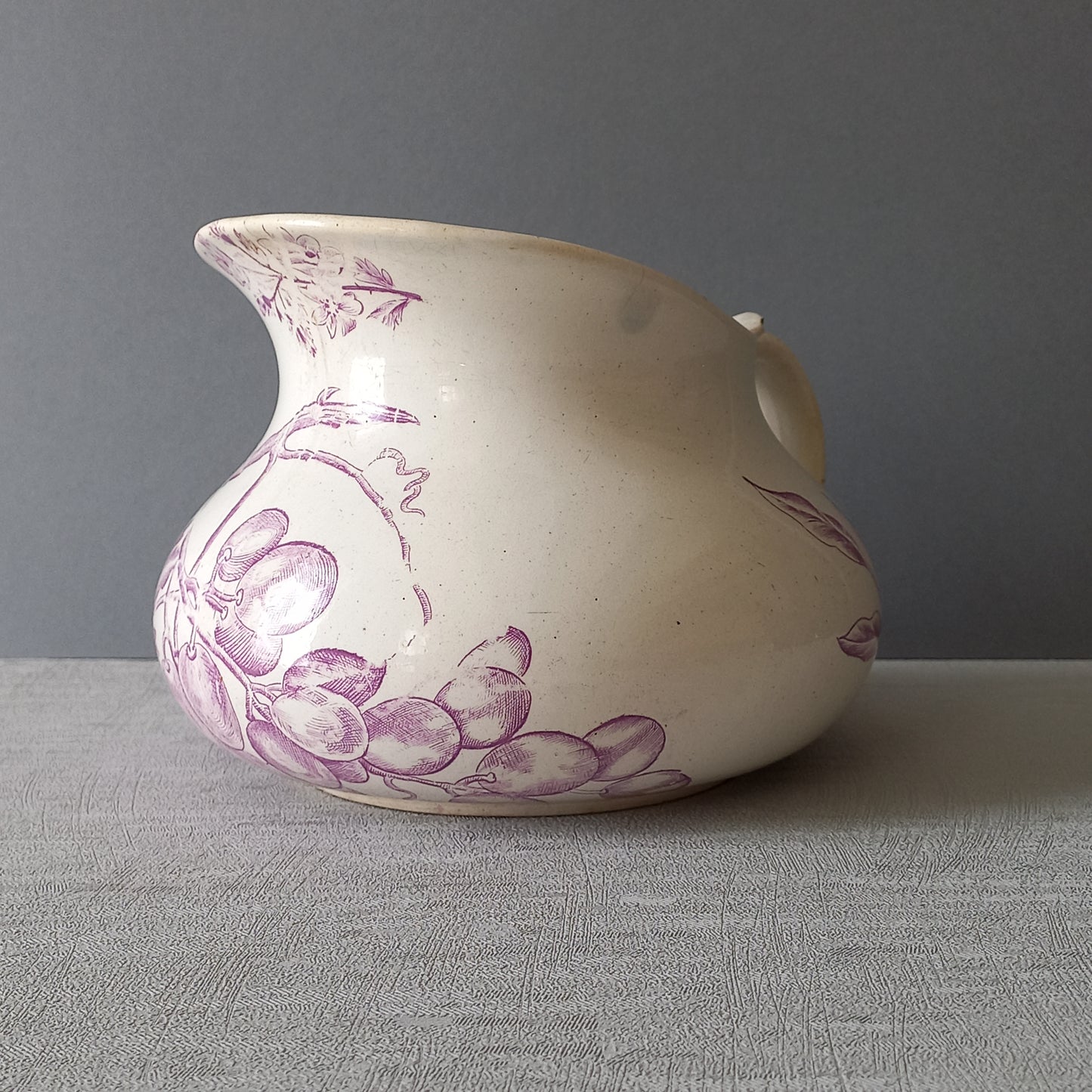 French antique ironstone jug pitcher with lavender color floral transfer pattern, wash jug, french country home decor