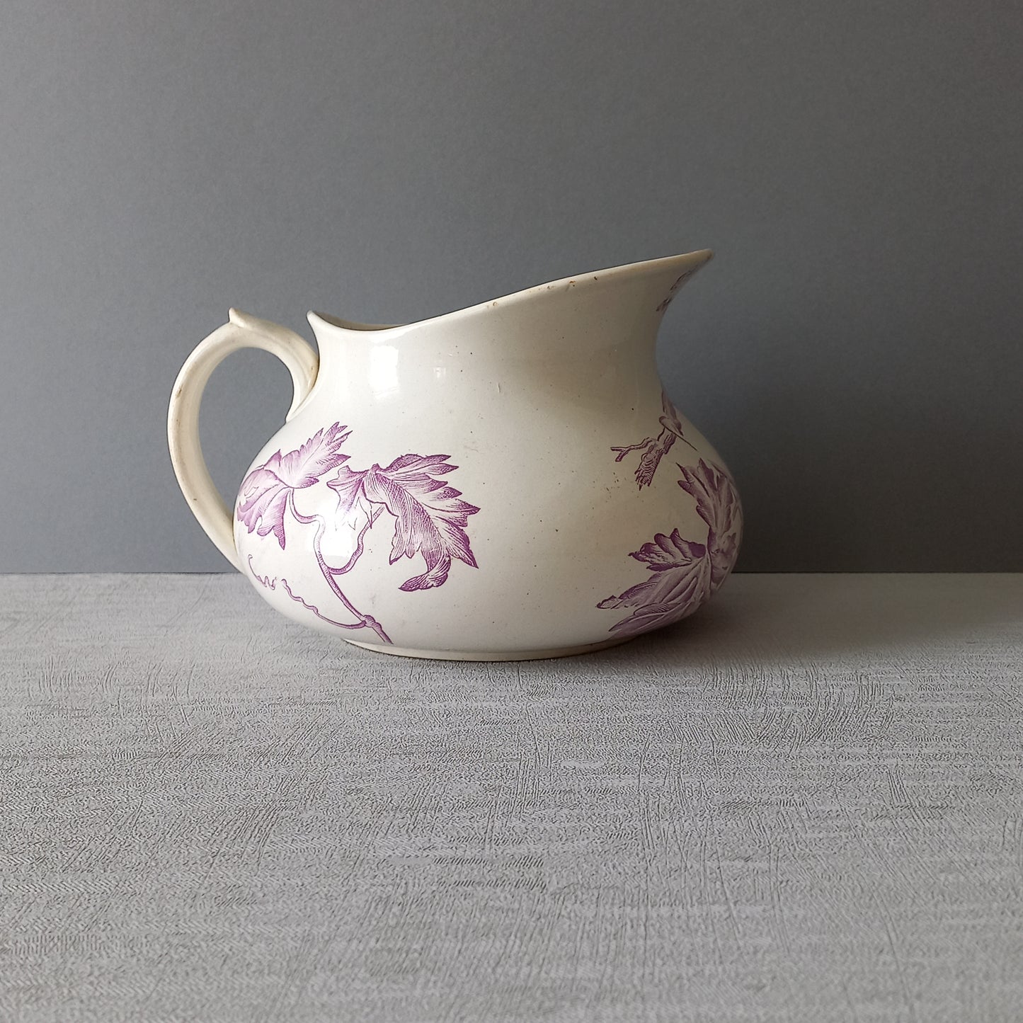 French antique ironstone jug pitcher with lavender color floral transfer pattern, wash jug, french country home decor