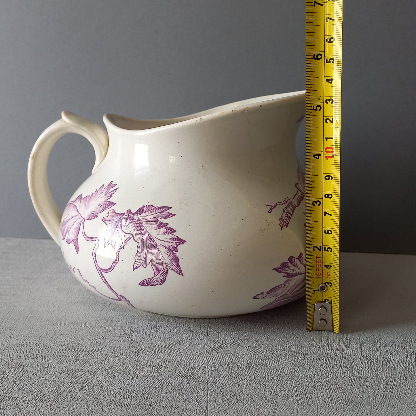 French antique ironstone jug pitcher with lavender color floral transfer pattern, wash jug, french country home decor