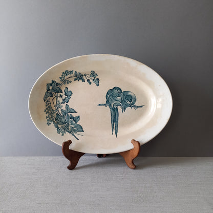 Large French antique ironstone oval serving plate with bird and flower pattern, ceramic serving platter, country home decor