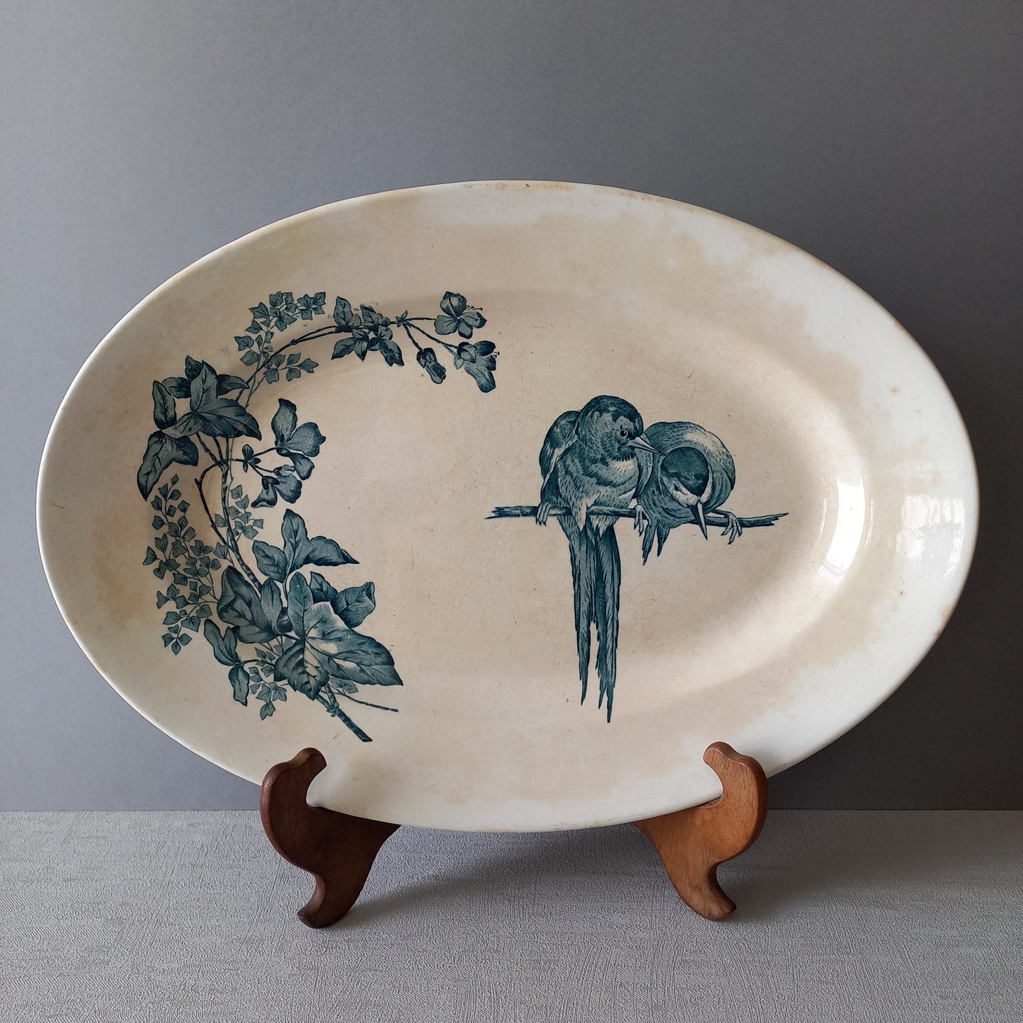 Large French antique ironstone oval serving plate with bird and flower pattern, ceramic serving platter, country home decor