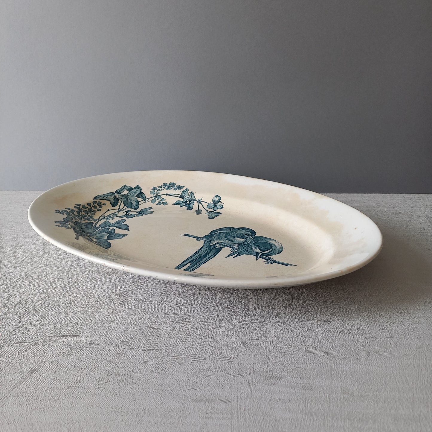 Large French antique ironstone oval serving plate with bird and flower pattern, ceramic serving platter, country home decor