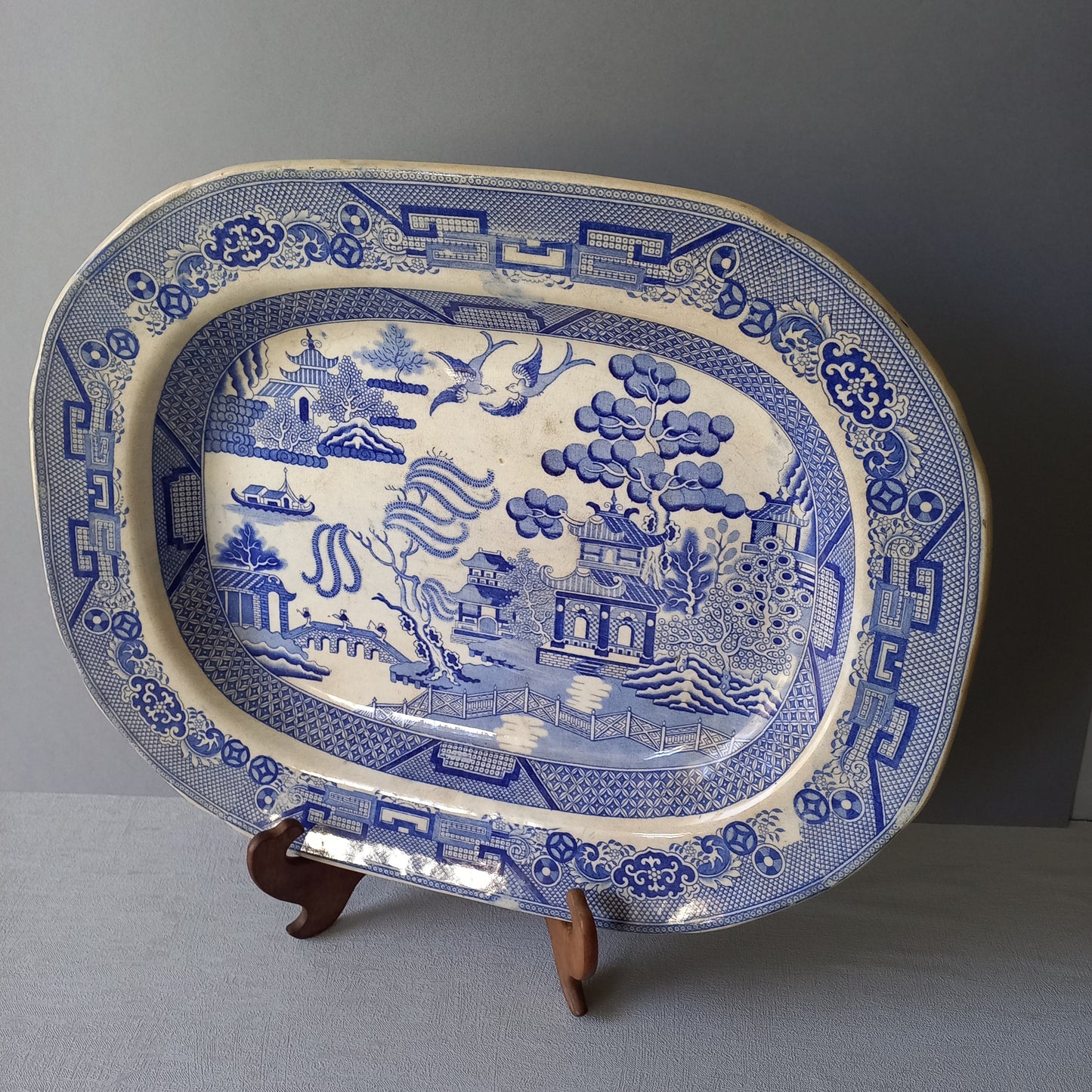 LARGE ironstone meat platter marked Staffordshire, blue and white ironstone, willow pattern, turkey platter, willow ware